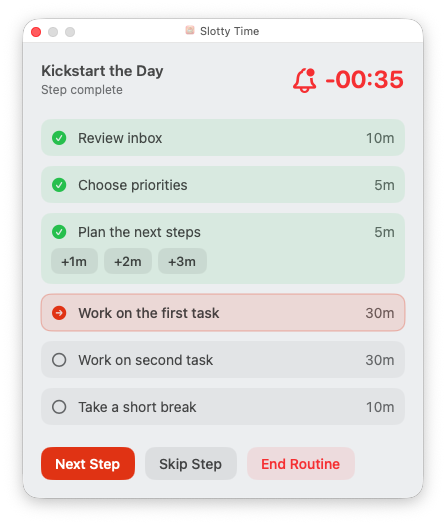 Slotty Time popover showing a completed step, overrun controls, the next task, and routine controls.